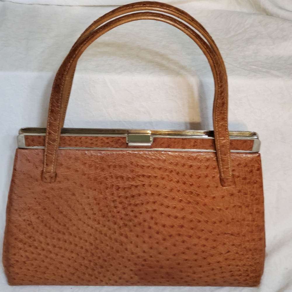 Ostrich Leather Top Handle Bag. Kisslock Top. Vintage 50s/60s.